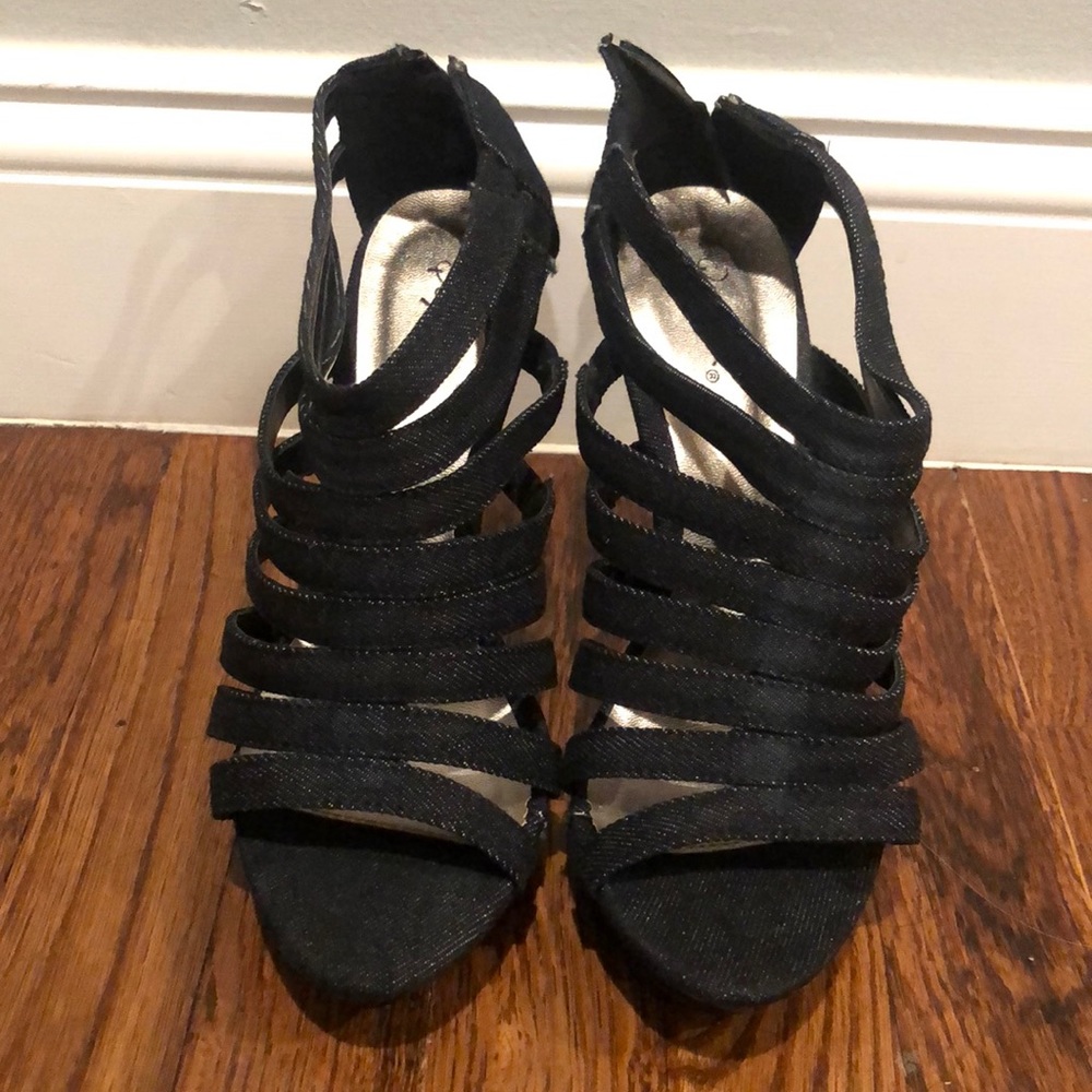 🛍 4/$20 - Qupid Like New Dark Blue Denim High Heel Sandals